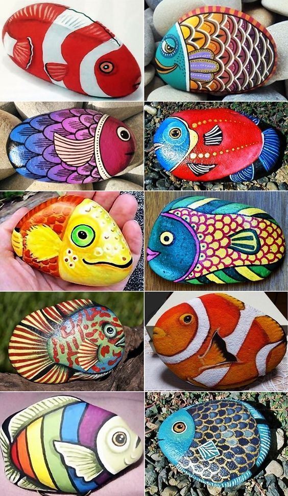 many different types of fish painted on rocks