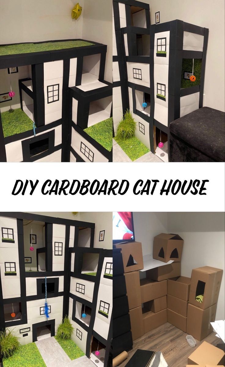 the cardboard cat house is made to look like it has been built