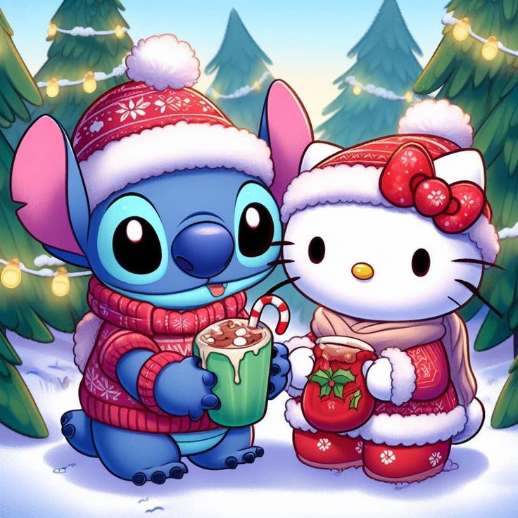 two cartoon characters are standing in the snow with christmas decorations on their heads and one is holding a coffee cup