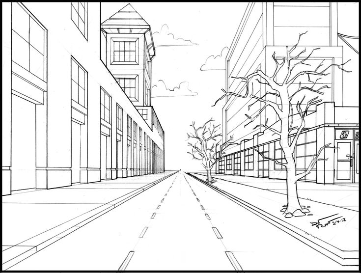 a drawing of a city street with buildings and trees on both sides, in black and white