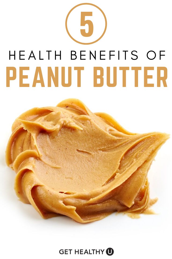 peanut butter with the text 5 health benefits of peanut butter on top and below it