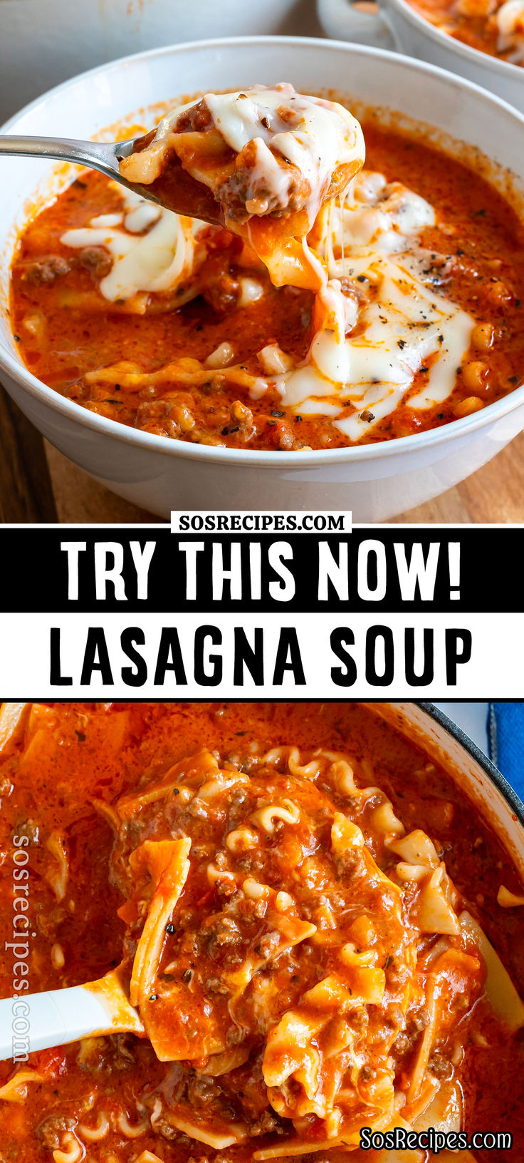 two bowls of lasagna soup with the words try this now