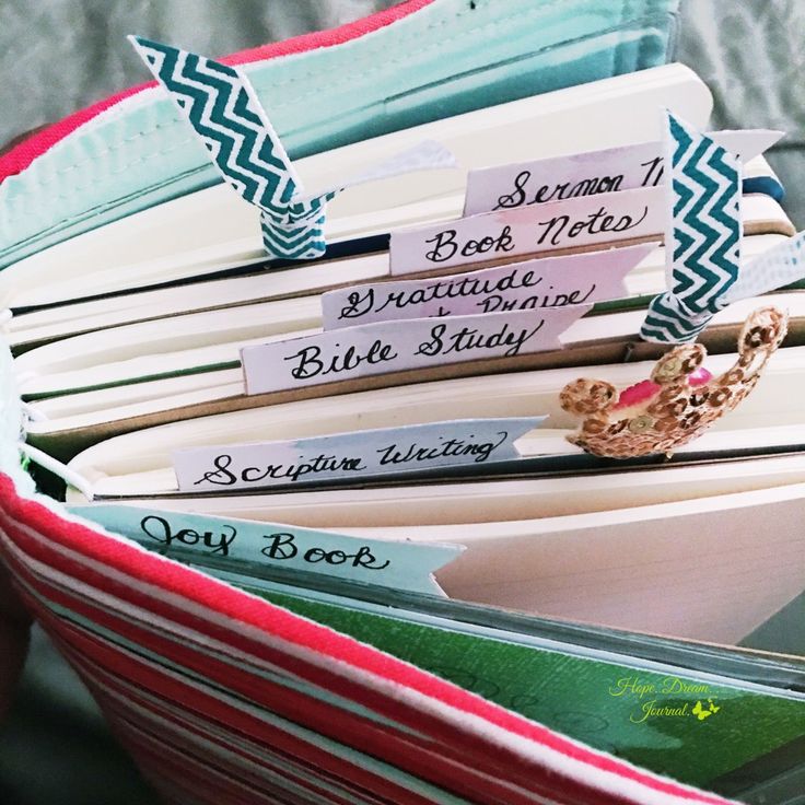 there are many books that have been stacked together in a basket with name tags on them