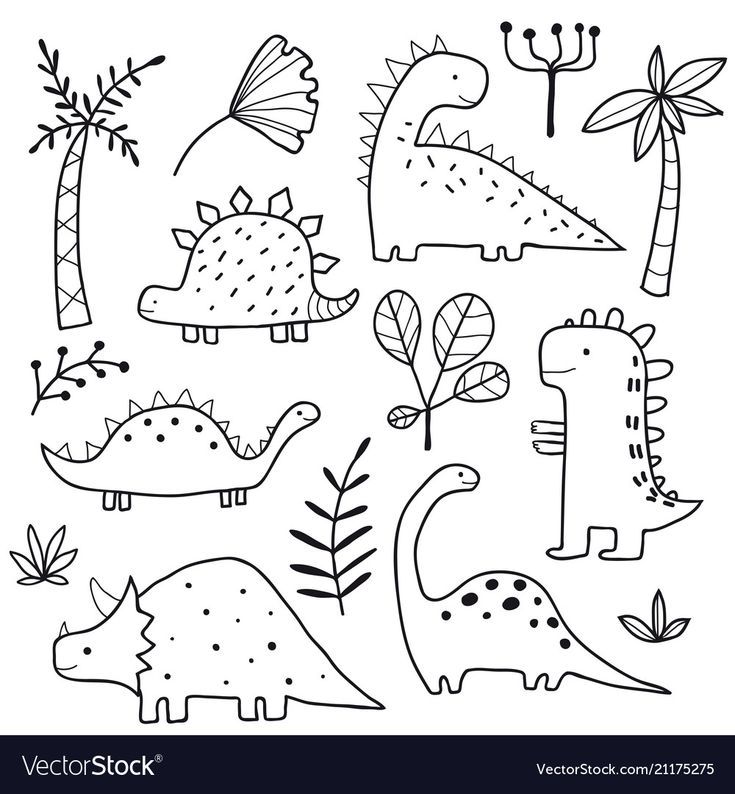 dinosaurs and plants in black and white