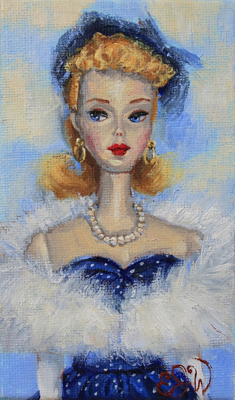 a painting of a woman wearing a blue dress with white feathers and pearls on her head