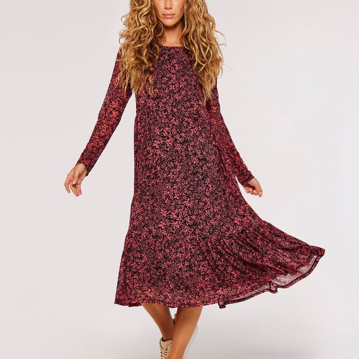 Fully Lined, Longsleeve, Mesh Dress In Floral Print With Pink/ Black Floral Print. Pink Midi Dress For Winter, Pink Midi Dress For Fall, Casual Pink Fall Dress, Casual Pink Midi Dress For Fall, Pink Midi-length Dress For Fall, Casual Long Sleeve Pink Maxi Dress, Flowy Pink Maxi Dress For Fall, Pink Long Sleeve Maxi Dress For Winter, Pink Flowy Dress For Fall