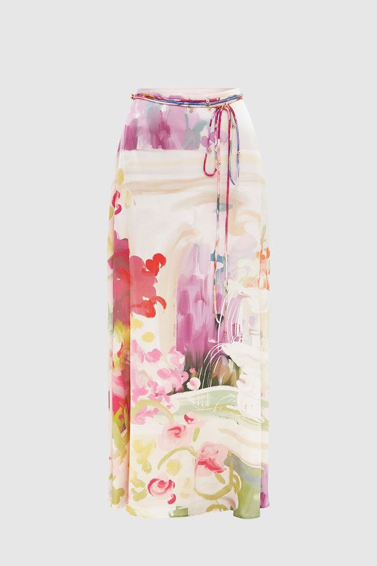 Cute Silk Dresses, Strong Femininity, How To Style A Maxi Dress, Pastel Skirt, Leo Lin, Sable Coat, Printed Silk Skirt, Silk Maxi Skirt, Placement Print