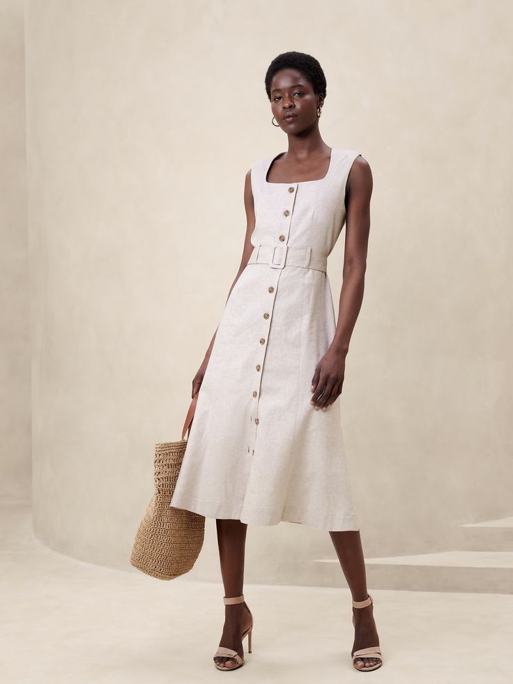 Linen-Blend Button Midi Dress | Banana Republic Factory Classy Linen Dress, Broadcasting Outfits, Midi Dress Outfit Classy, Banana Republic Outfits, Button Midi Dress, Linen Sheath Dress, Midi Dress Outfit, Midi Dress Work, Classy Dresses