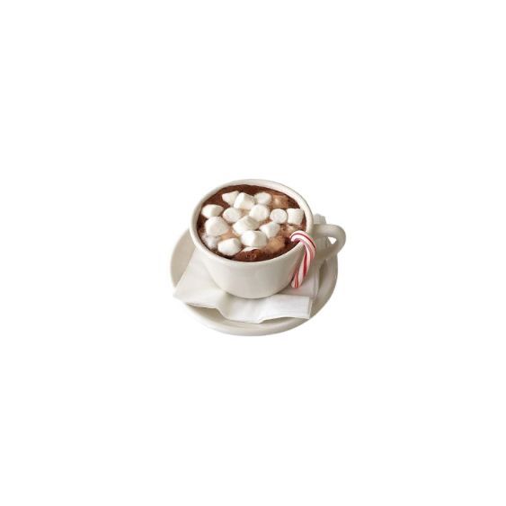 hot chocolate with marshmallows and candy cane in white cup on saucer