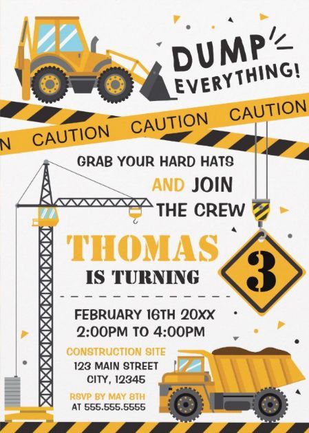 construction birthday party invitation with dump truck and crane