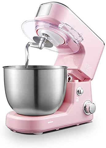 a pink mixer with a metal bowl on it