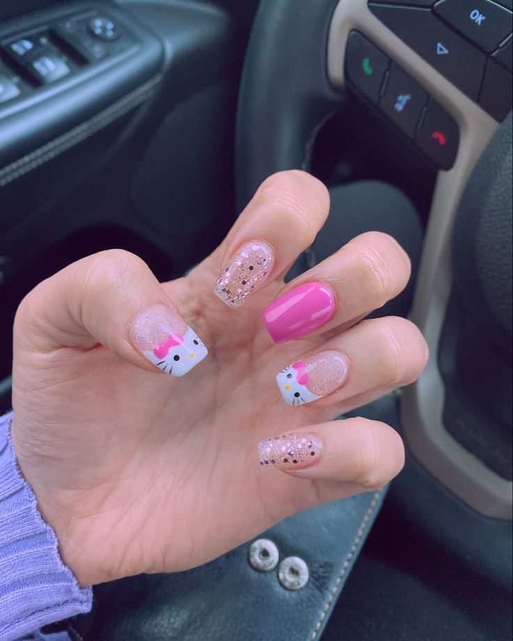 Hello Kitty Gel Nails Short, Hello Kitty Manicure Short Nails, Kids Hello Kitty Nails, Nail Designs For Kids Cute, Kids Nail Polish Ideas, Hello Kitty Nails Easy, Hello Kitty Nail Art Designs, Gel Nails Hello Kitty, Hello Kitty Nails For Kids