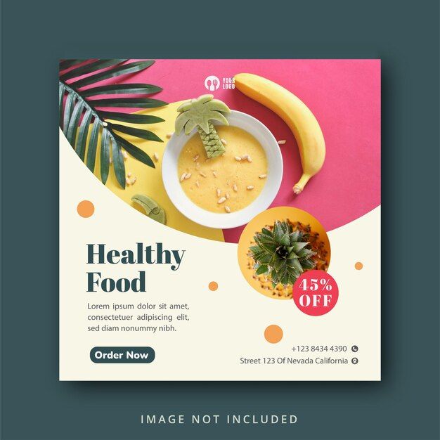 a flyer for a healthy food restaurant with bananas and other foods on it, including brochure