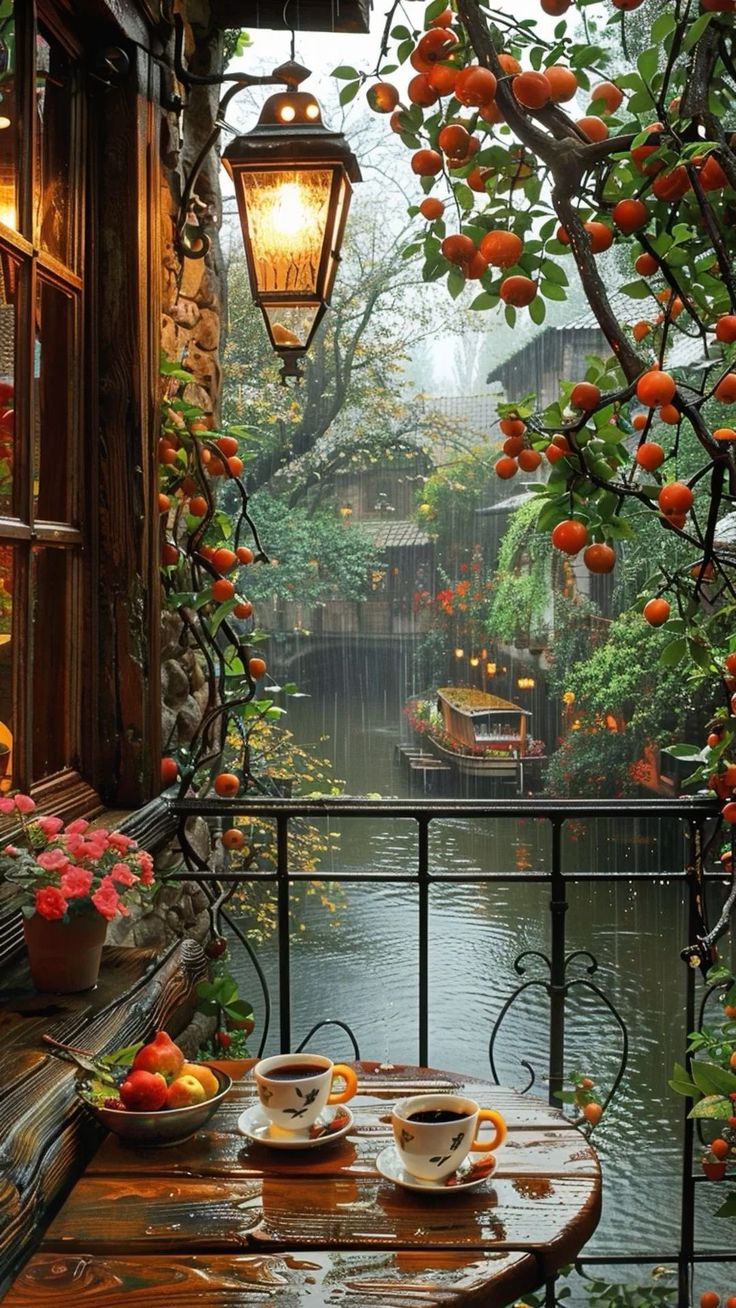 an outdoor table with oranges on it next to a river and lampposts