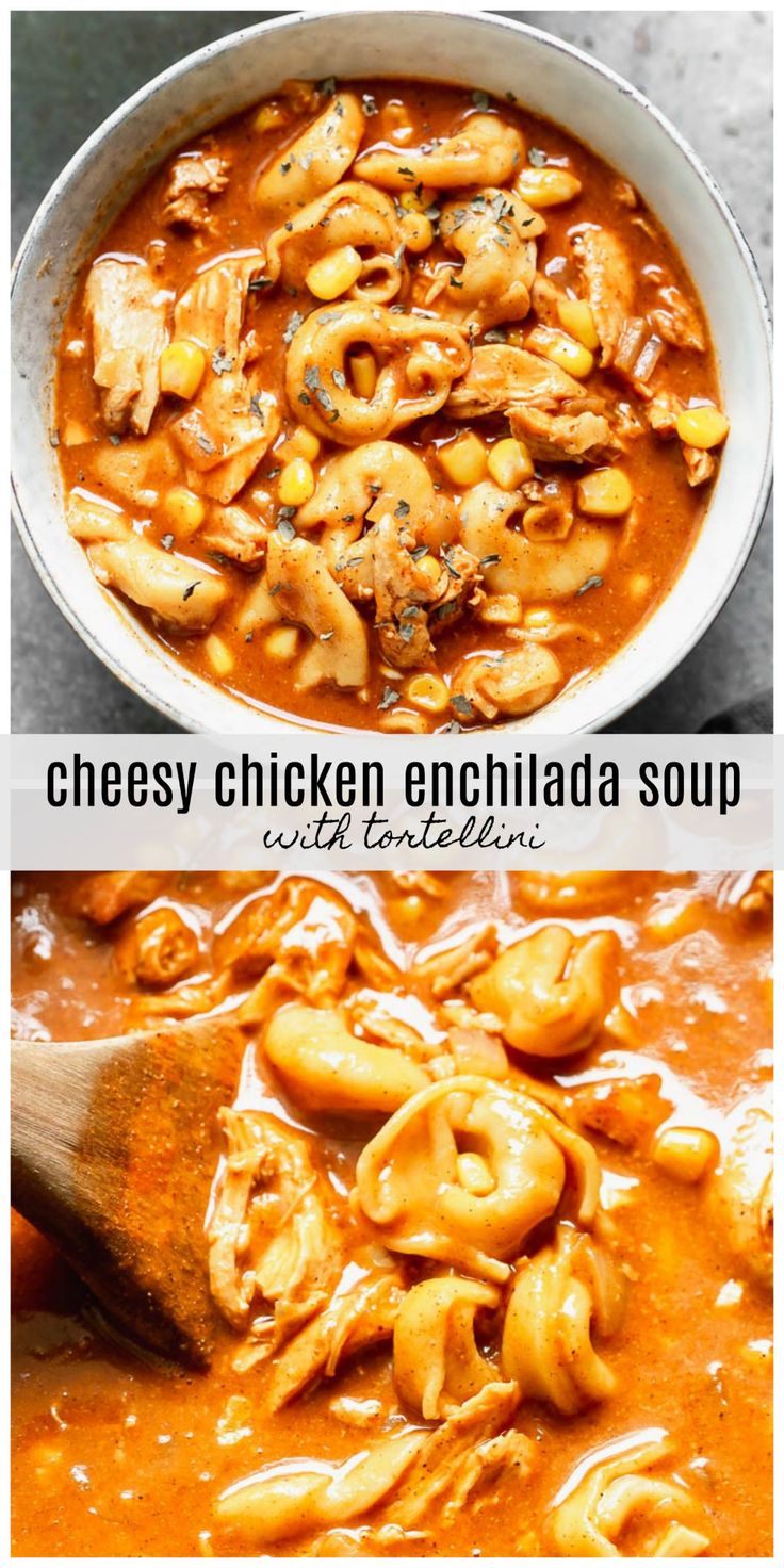 chicken enchilada soup in a white bowl with a wooden spoon on the side