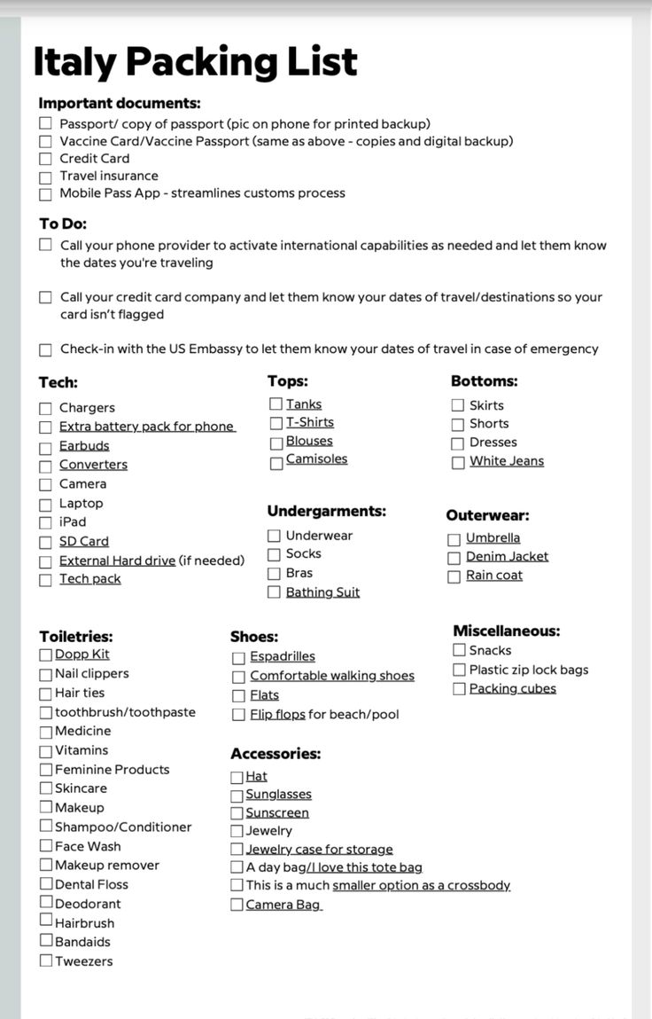 the italy packing list is shown