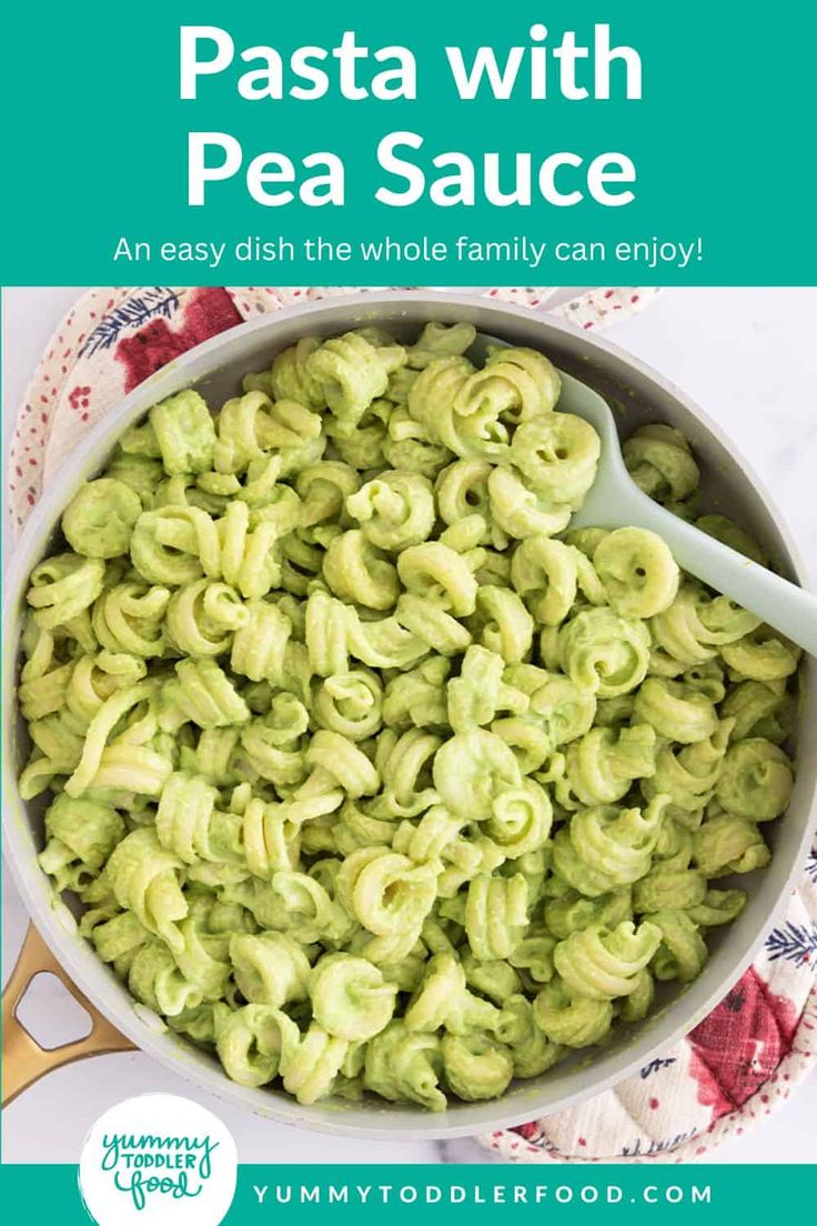 pasta with pea sauce in a bowl on top of a floral table cloth and the title overlay reads, pasta with pea sauce an easy dish that whole family can enjoy