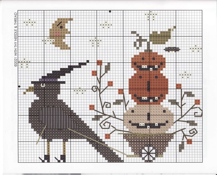 a cross stitch pattern with two birds on the branch and one bird sitting on top of it