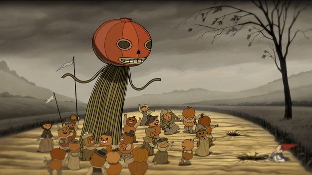 an animated image of a group of people in the middle of a road with a giant pumpkin on their head