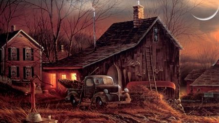 a painting of an old farm house and truck in front of a moonlit sky