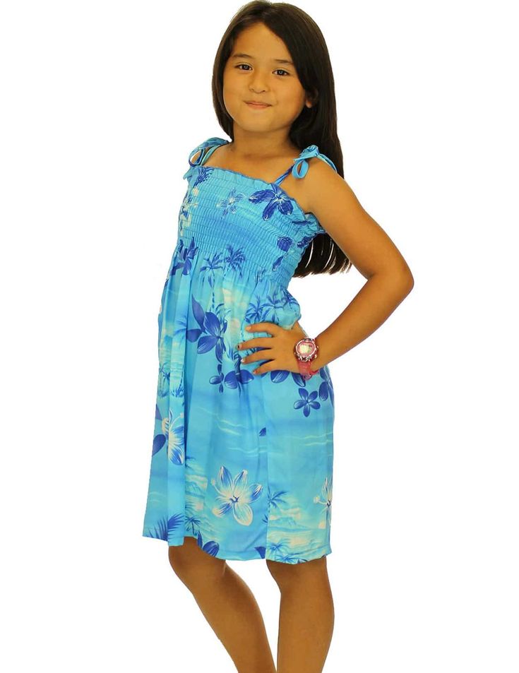 Girls Orchids Smock Top Flower Dress Light Sky Blue Casual Blue Dress With Drawstring, Blue Drawstring Beach Dresses, Blue Summer Dress With Drawstring, Blue Smock Sundress For Beach, Blue Smock Sundress For The Beach, Blue Smock Sundress For Summer, Blue Smocked Sundress For Summer, Casual Blue Smocked Sundress, Blue Drawstring Dress For Spring