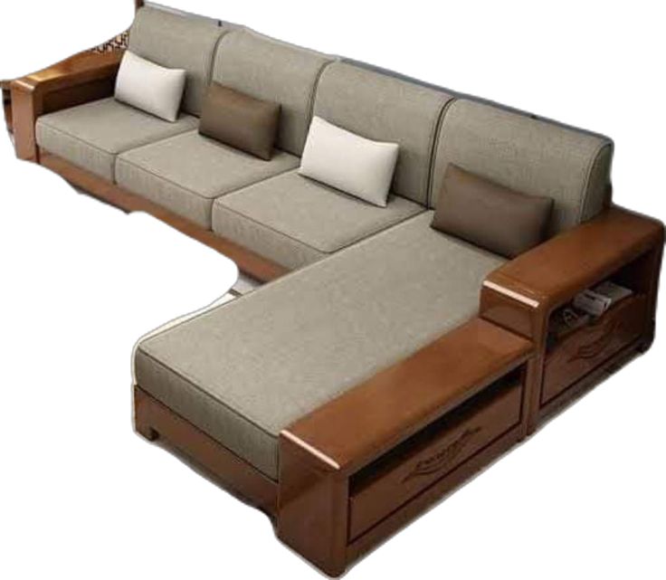 an image of a couch that is made out of wood and has pillows on it