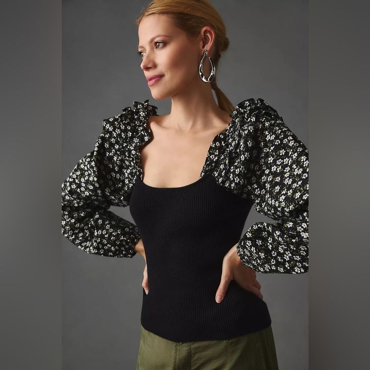 Nwtanthropologie Woven Ruffle Sleeve Sweater Sizexs Ruffle Sleeve Sweater, Bohemian Blouses, Black Knit Sweater, Floral Sweater, Anthropologie Top, Puff Sleeve Top, Ribbed Sweater, Embroidered Blouse, Sweater Sleeves