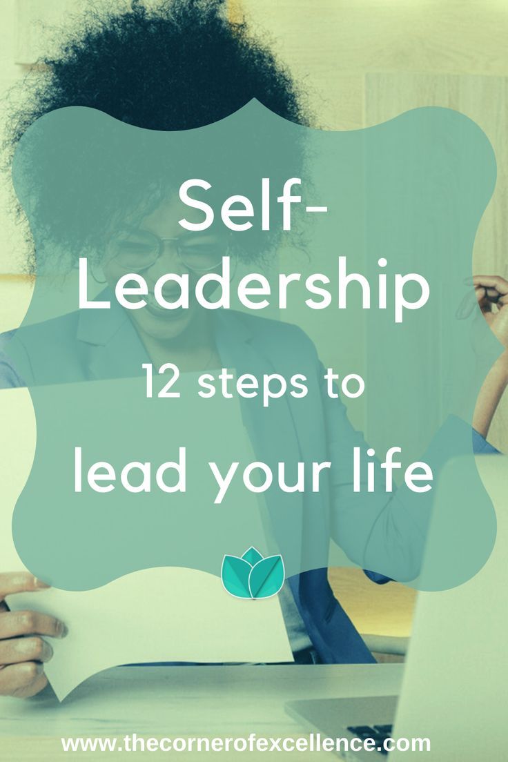 a woman sitting in front of a laptop computer with the words self - leadership 12 steps to lead your life