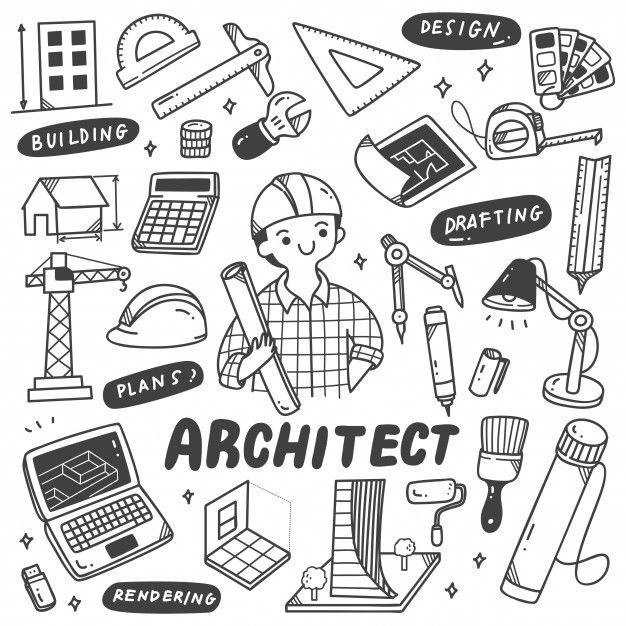 an image of the word architecture surrounded by doodles and icons in black and white