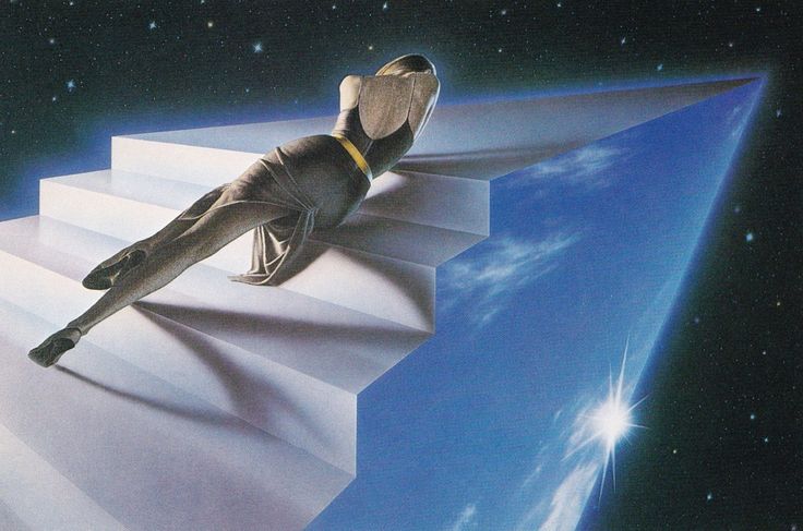 a painting of a man laying on top of a stairway in the sky with stars