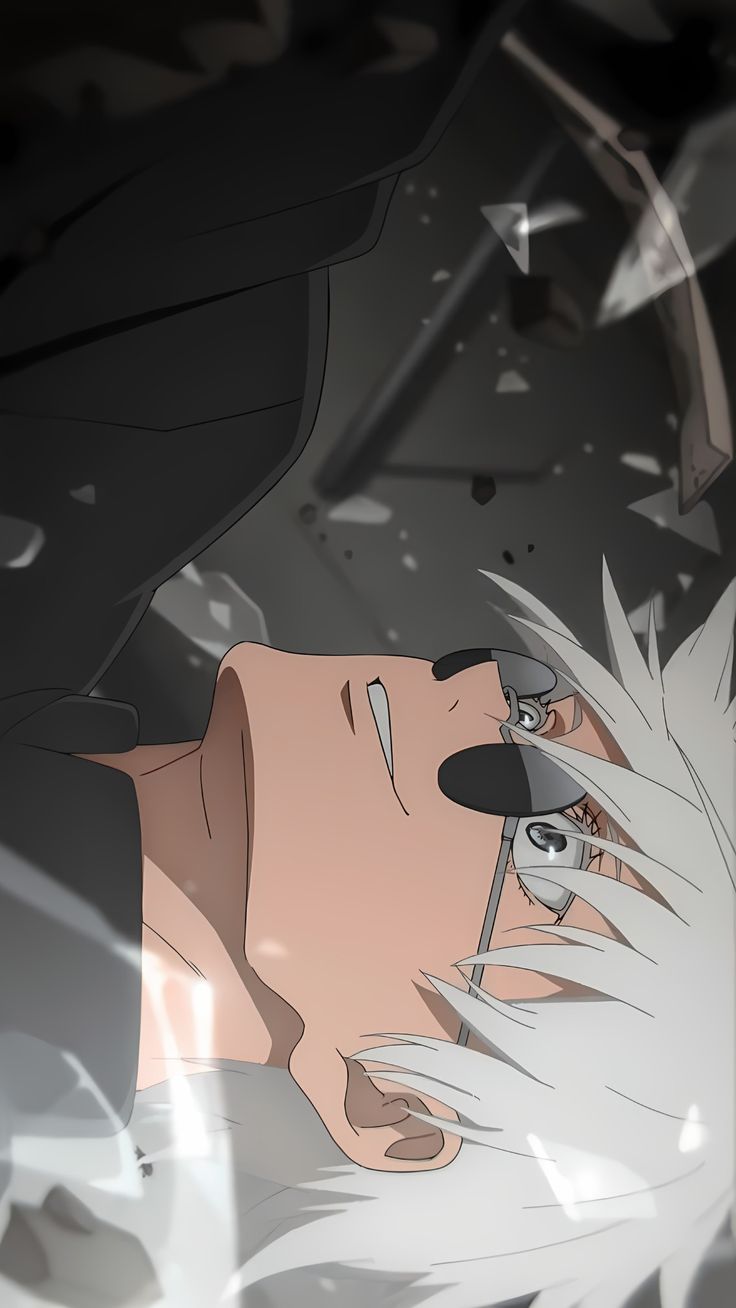 an anime character with white hair and black eyes looking at something in the air above his head