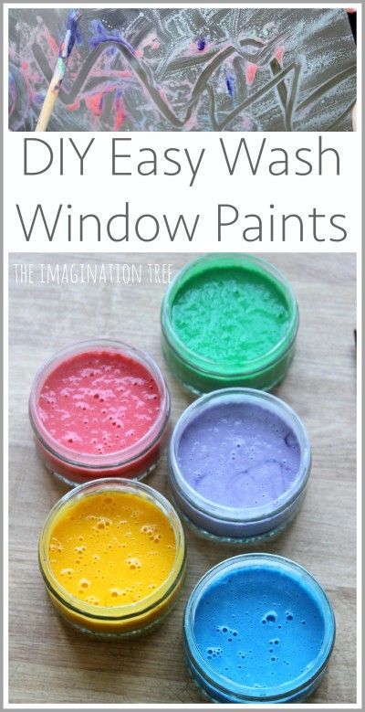 four different colors of paint sitting on top of a wooden table with text overlay that says diy easy wash window paints