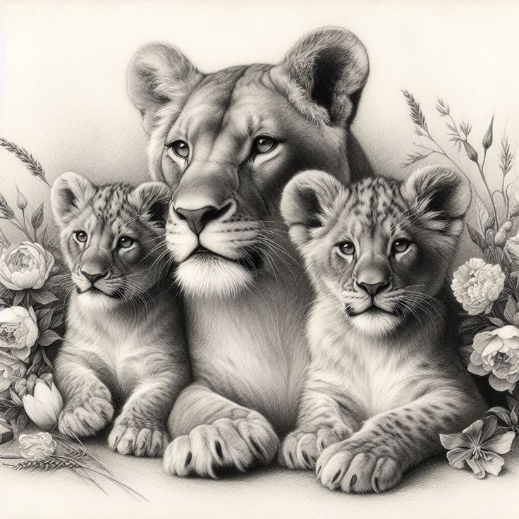 a pencil drawing of three lions surrounded by flowers