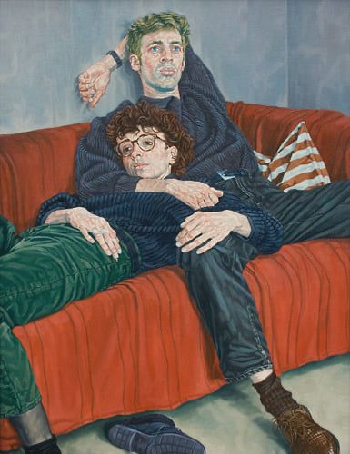 a painting of two people sitting on a couch