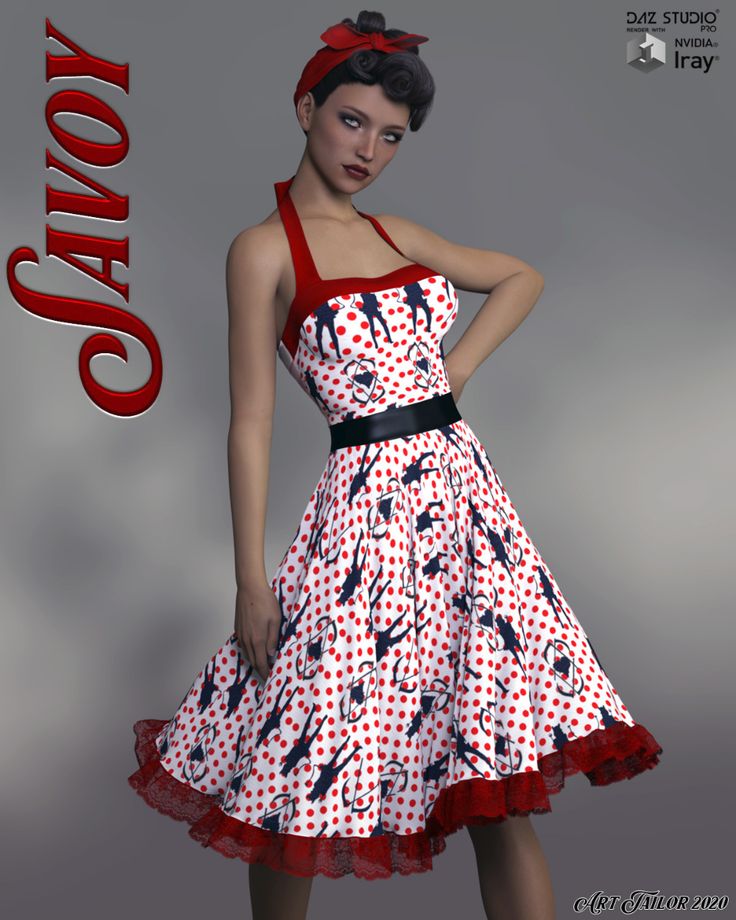 a woman in a red and white dress with polka dots