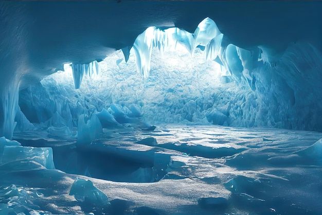 an ice cave filled with lots of blue ice