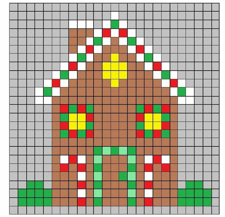 a cross stitch pattern that looks like a gingerbread house with red, green and yellow squares