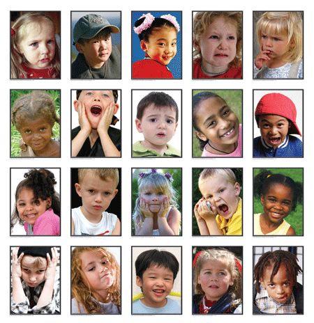 a collage of different children's faces with one child holding his head in the air