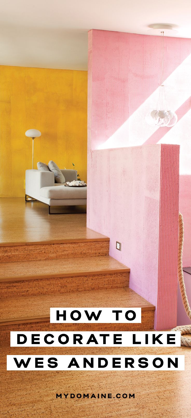 a living room with yellow walls and pink steps, the words how to decorate like we's anderson