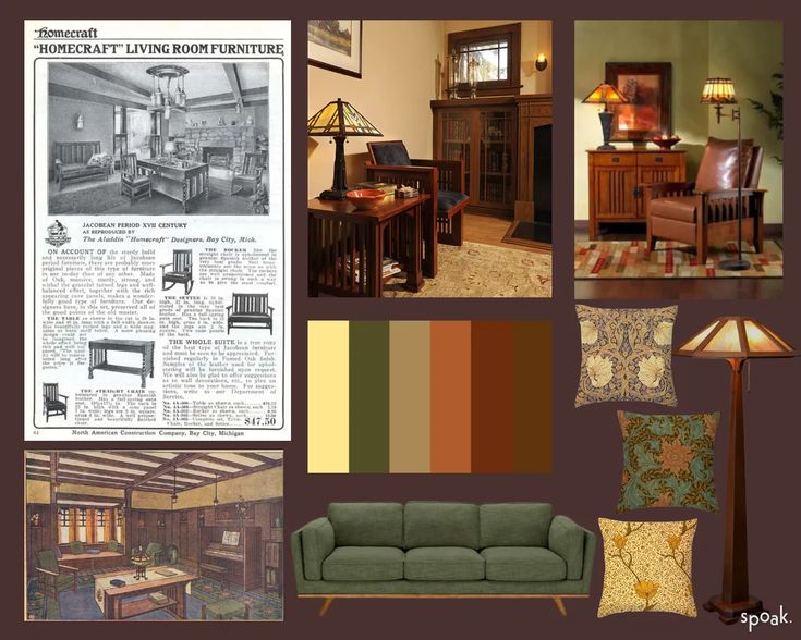 an old fashioned living room is featured in the magazine's color scheme, including green and brown