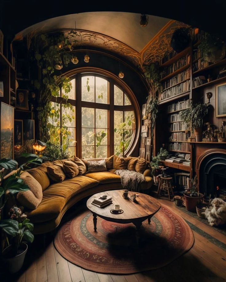 a living room filled with lots of furniture and a large window covered in plants next to a fire place