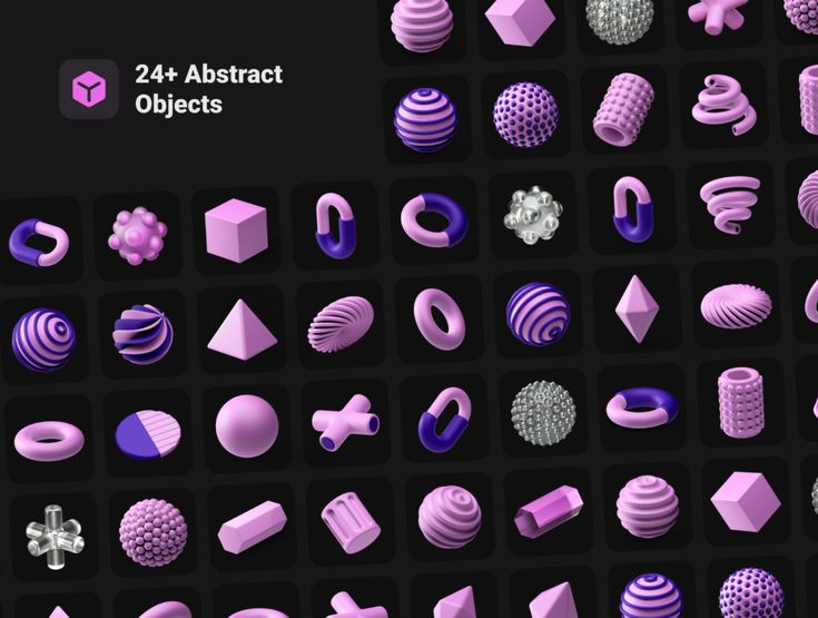 an assortment of 3d objects are shown in purple and white colors on a black background