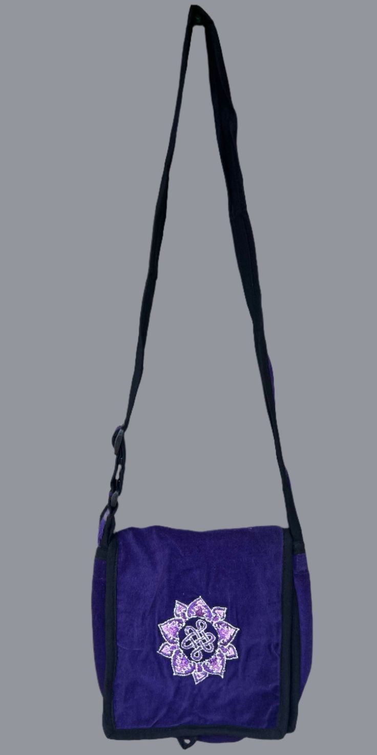 Purple Flower with Infinite Knot bag in small size. Size: 12.5 X 12.5" (22" adjustable strap) Bags With Adjustable Handle For On-the-go, Purple Bags With Adjustable Handle For Daily Use, Purple Square Shoulder Bag For School, Purple Bag With Adjustable Handle For Daily Use, Daily Use Purple Bag With Adjustable Handle, Square Bags With Long Strap For Everyday Use, Square Everyday Bags With Long Strap, Square Bag With Long Strap For Everyday Use, Casual Purple Rectangular Satchel