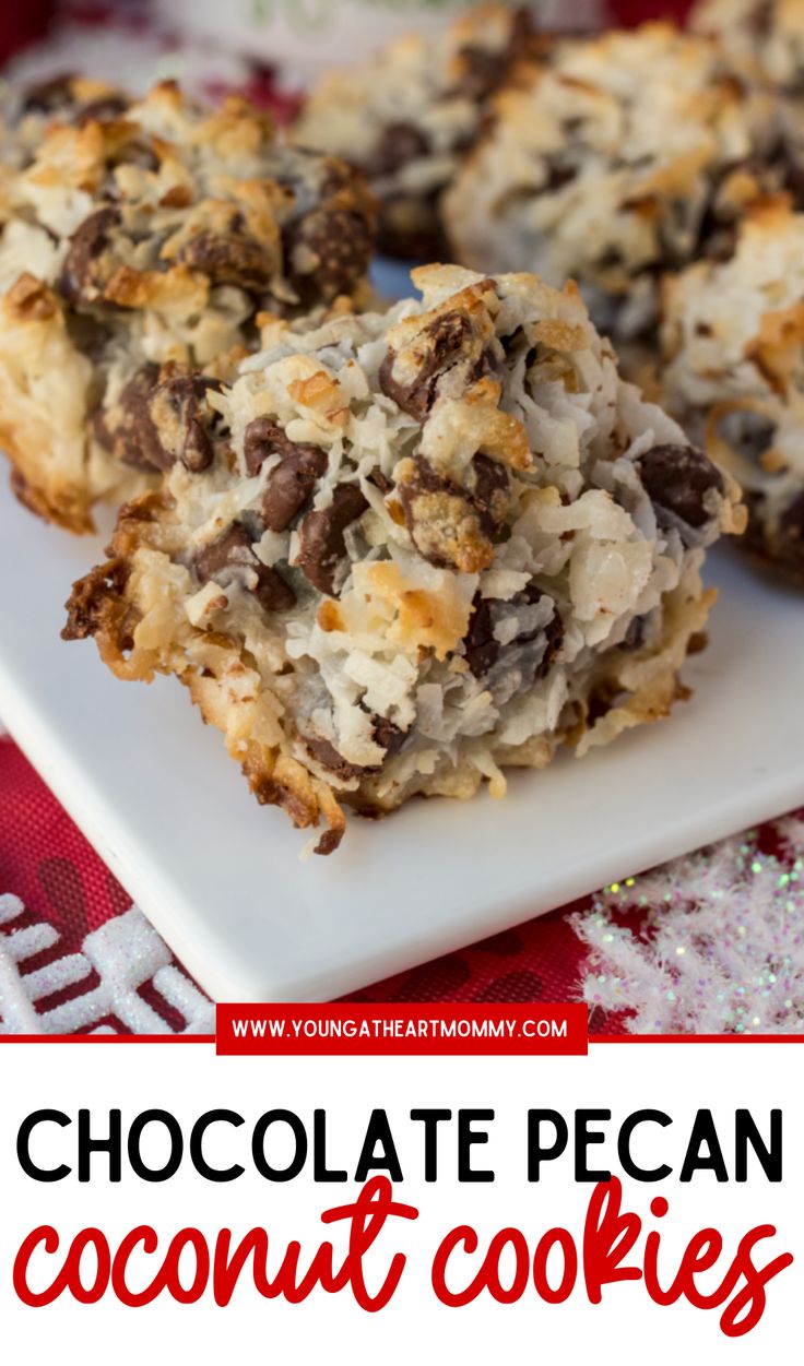 chocolate pecan coconut cookies on a white plate with text overlay that reads, chocolate pecan coconut cookies