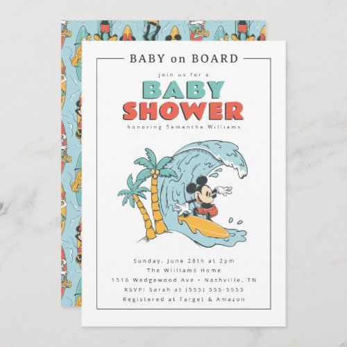 a baby shower is shown with mickey mouse on the surfboard and palm trees in the background