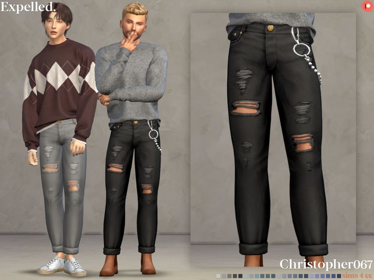 two people standing next to each other wearing ripped jeans and sweaters with chains on them