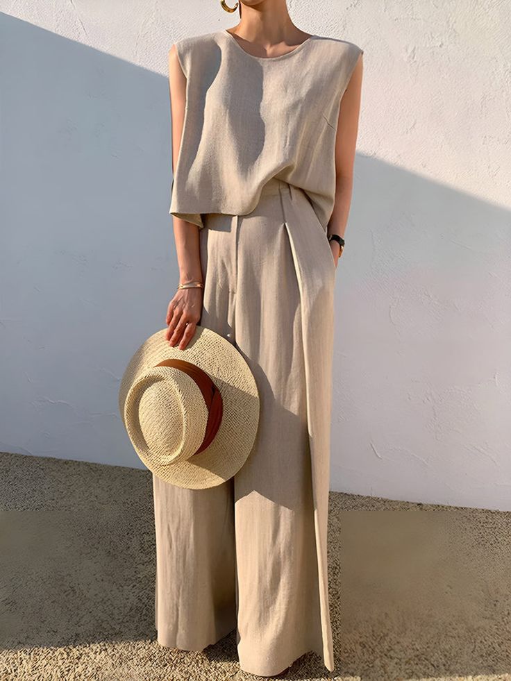 Linen Blends Casual Pants Set Home Vacation, Linen Suits, Fits Clothes, Casual Wide Leg Pants, Long Midi Dress, Casual Tank Tops, Linen Clothes, Street Style Outfit, Color Khaki