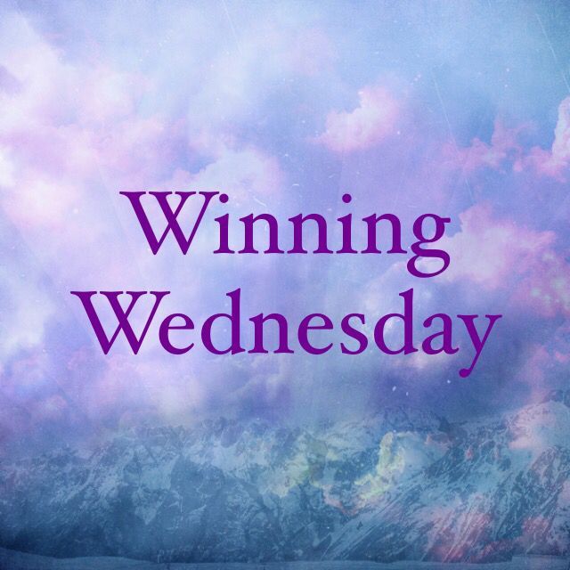 the words winning wednesday are in front of a blue sky with clouds and snow covered mountains