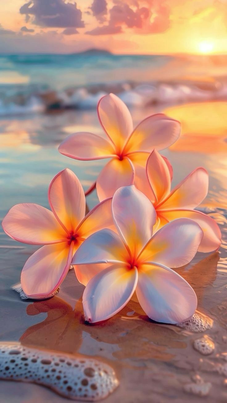 some flowers are laying on the sand by the water at sunset or sunrise, and there is also a starfish in the foreground