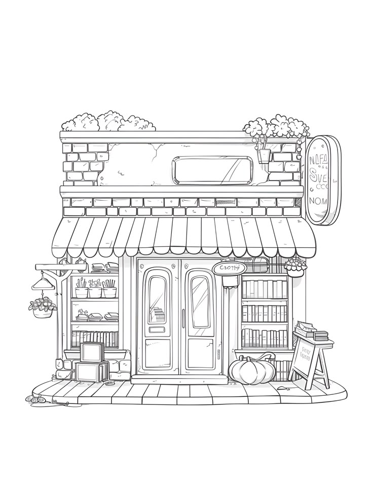 a drawing of a store front with an awning over the door and shelves full of items